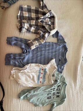 Old Navy Blue Striped Romper, Cream Plaid Sherpa Jacket & Mixed Bodysuit Set